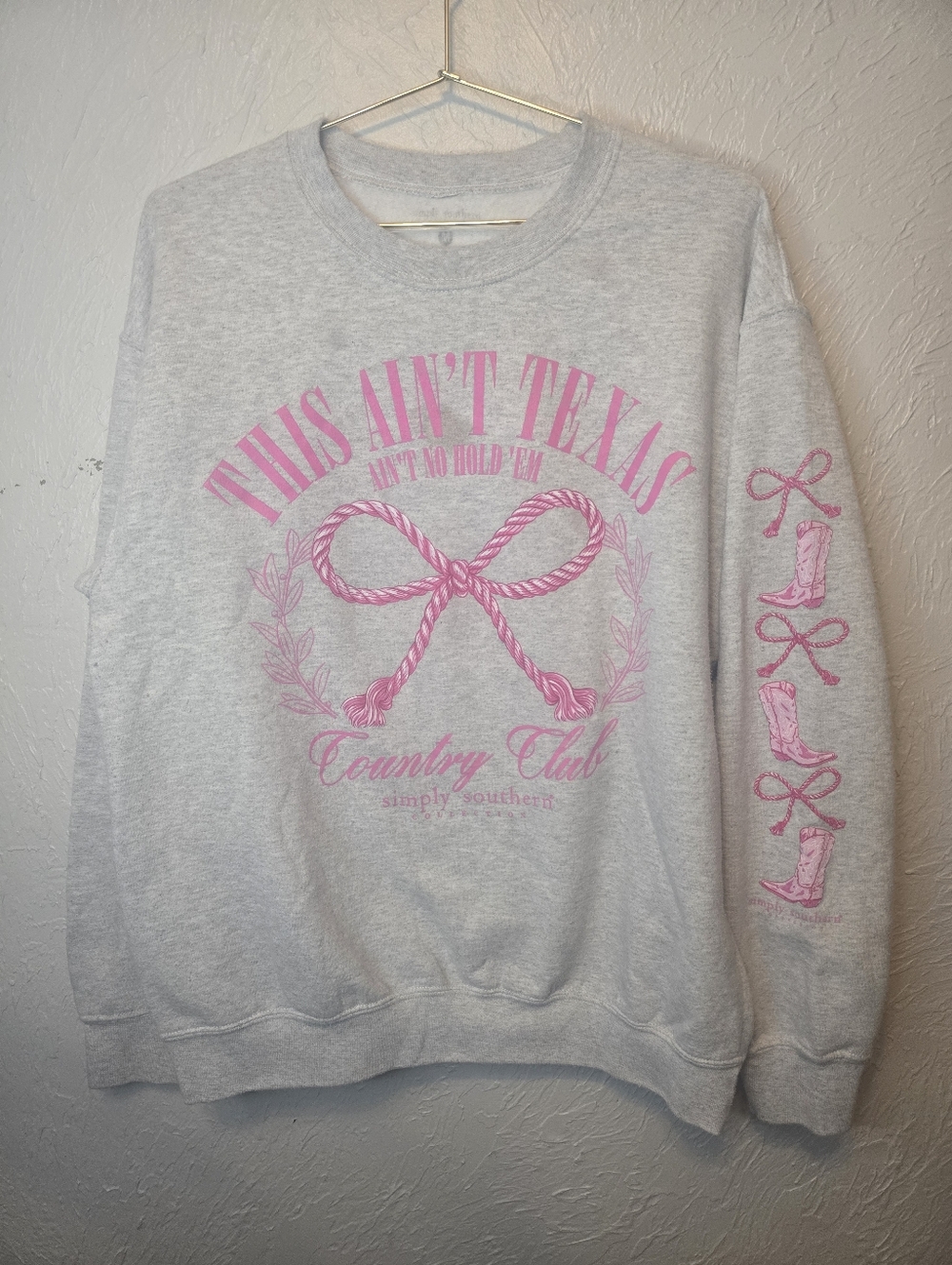 Simply Southern Texas Country Club Sweatshirt Gray Pink Western Bow M